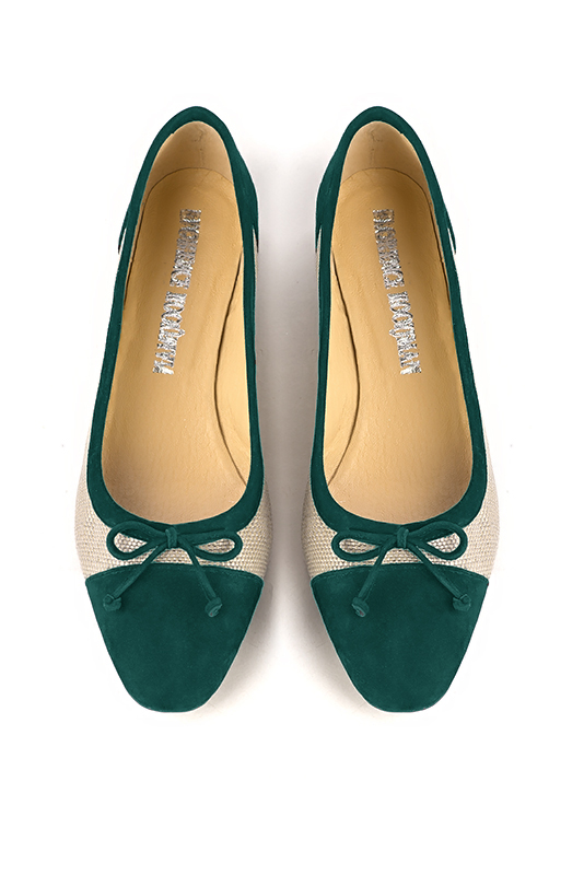 Emerald green and natural beige women's ballet pumps, with low heels. Square toe. Flat flare heels. Top view - Florence KOOIJMAN